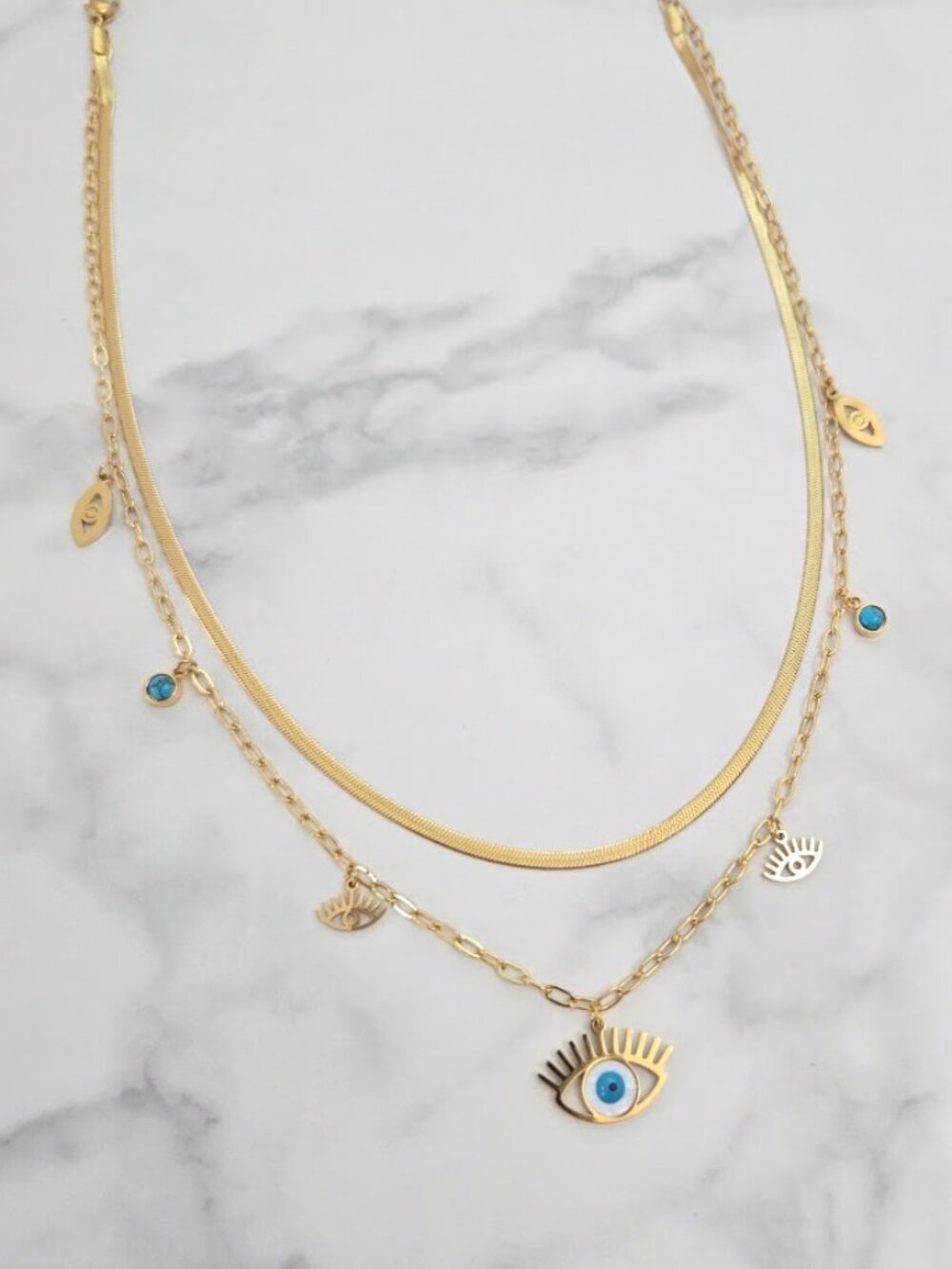 Gold Layered Evil Eye Necklace with Blue Eye Charms & Snake Chain - Picture 3 of 12